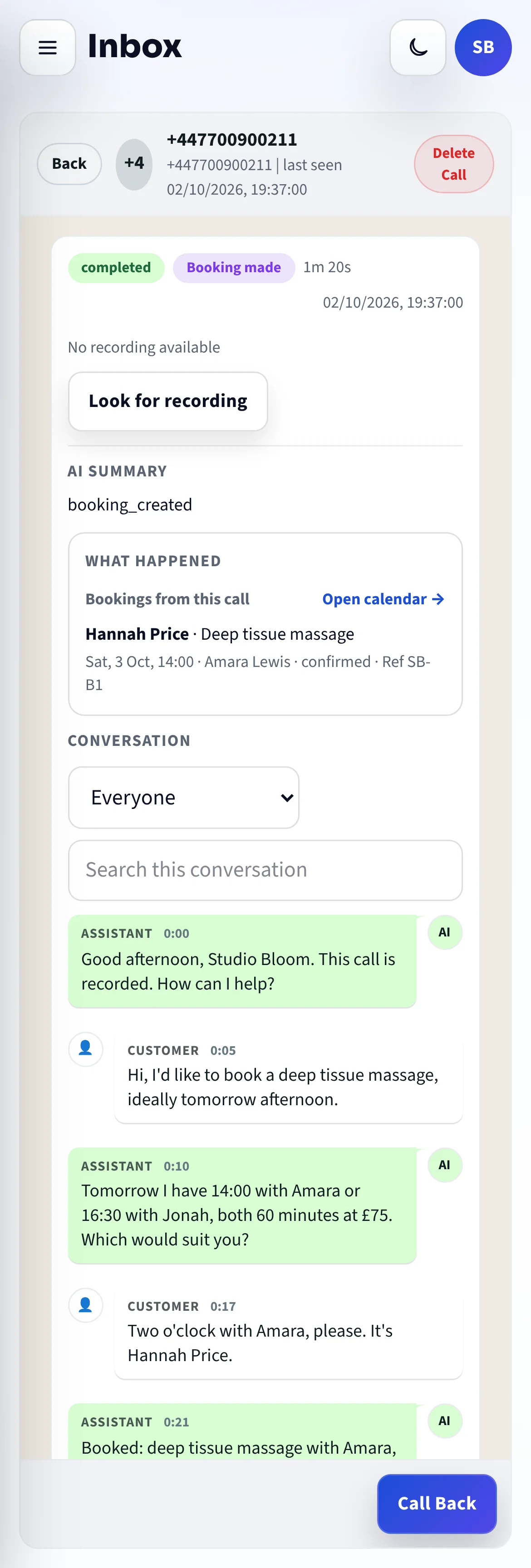 A booked call on a phone, with the conversation turn by turn.
