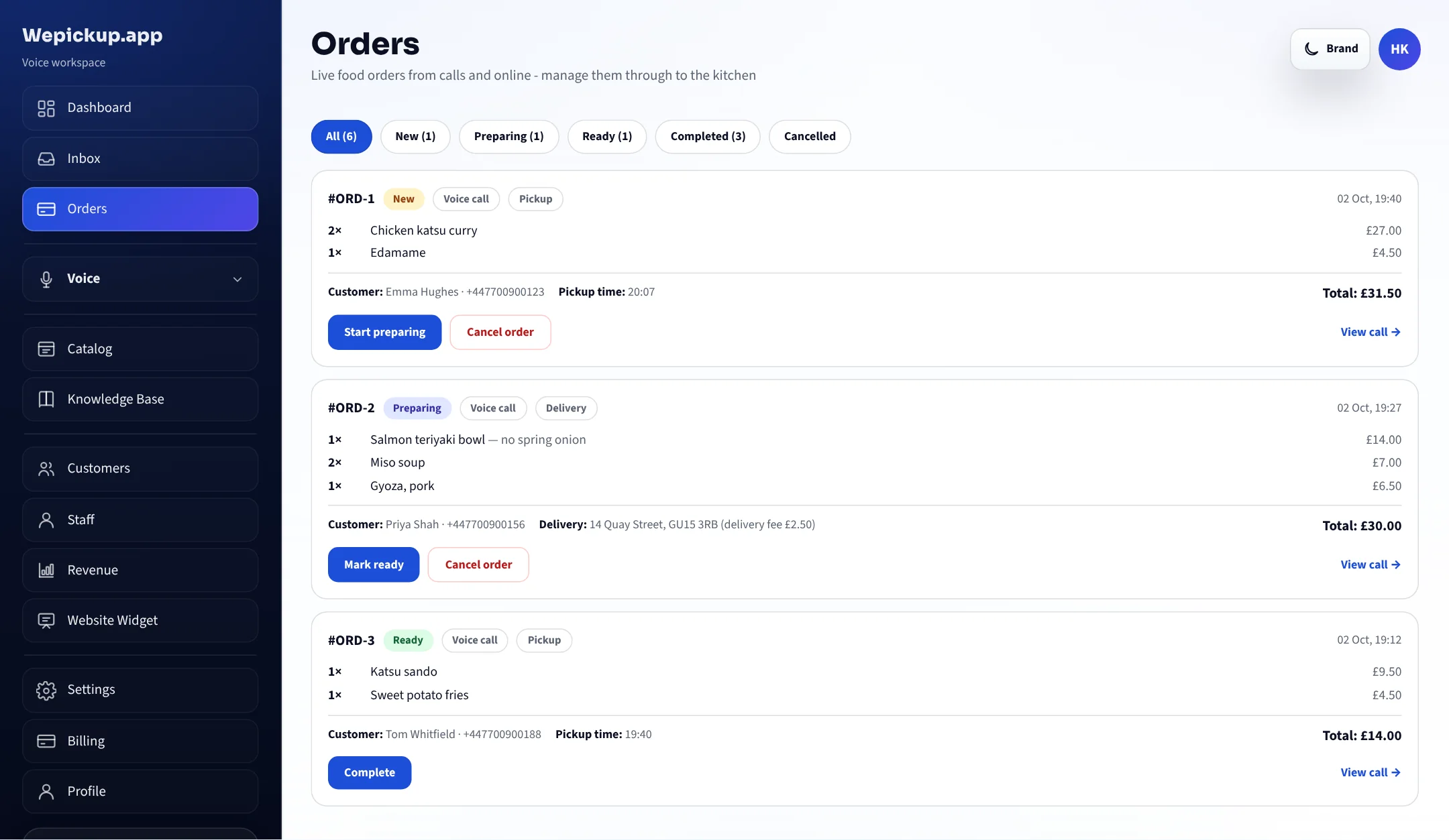 The Orders screen: phone orders with items, prices, the caller, pickup time or delivery address, and buttons to move each one to preparing, ready and complete.